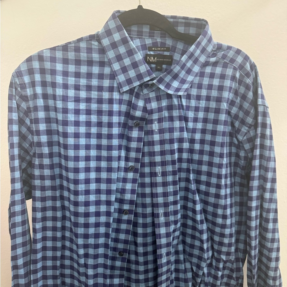 Neiman Marcus Navy and Light Blue Checkered Shirt